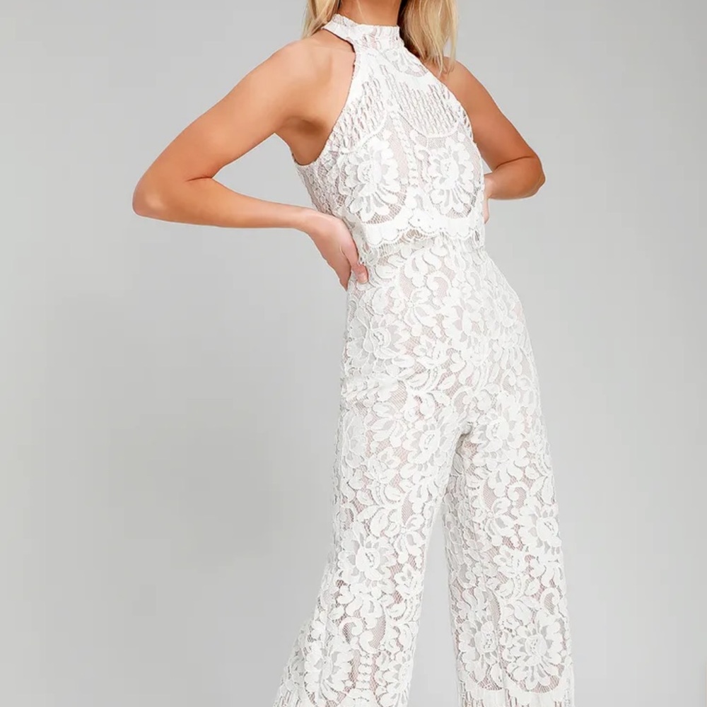 Lulu’s Britney White Lace Halter Jumpsuit